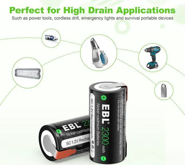 Alt view image 4 of 7 - EBL 4pcs Sub SC Cell Ni-Cd 2300mAh Rechargeable Battery with tab for Power Tools