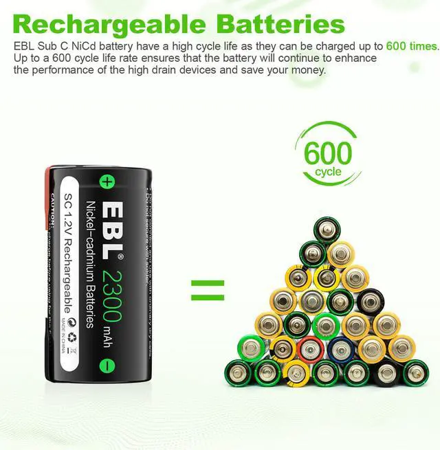 Alt view image 7 of 7 - EBL 4pcs Sub SC Cell Ni-Cd 2300mAh Rechargeable Battery with tab for Power Tools