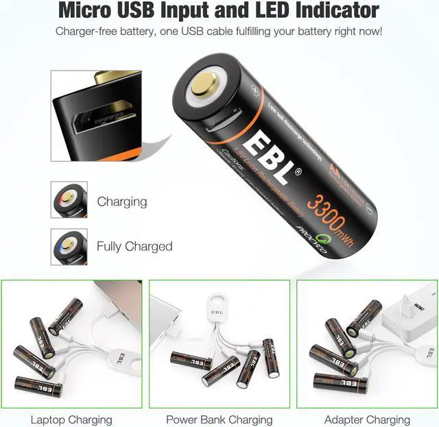 Alt view image 4 of 7 - EBL 4 Pcs 3300mWh AA 1.5v Lit-ion Rechargeable Batteries Double A Lithium Battery with 4 in 1 Micro USB Charging Cable