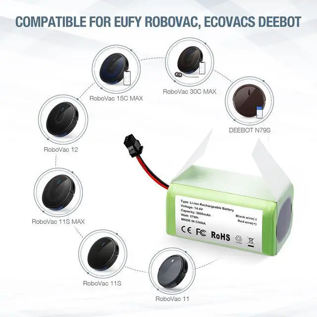 Alt view image 4 of 7 - 14.4v 2800mAh Li-ion Rechargeable Replacement Battery for Ecovacs Deebot N79S, DN622, Eufy RoboVac 11, 11S,11S MAX, 30, 15C, 15T, 12, 35C - Upgraded