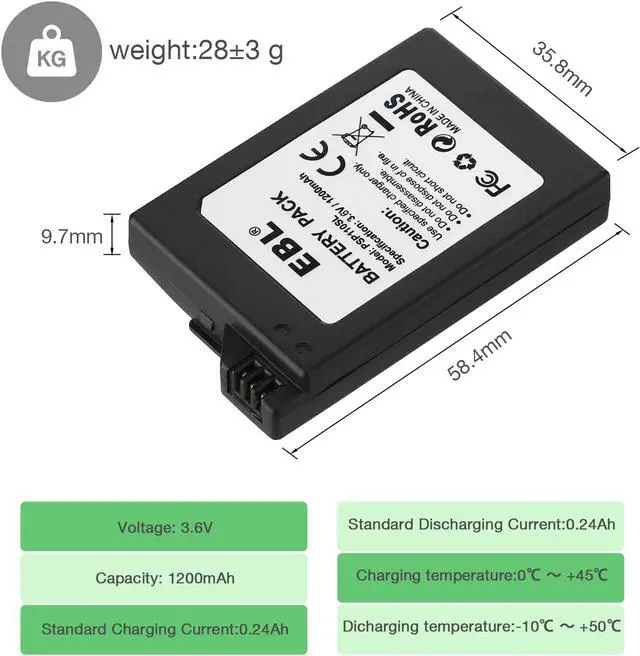 Alt view image 7 of 7 - EBL 3.6V 1200mAh Lithium Ion Replacement Battery for Sony PSP 2000/3000 PSP-S110 Console