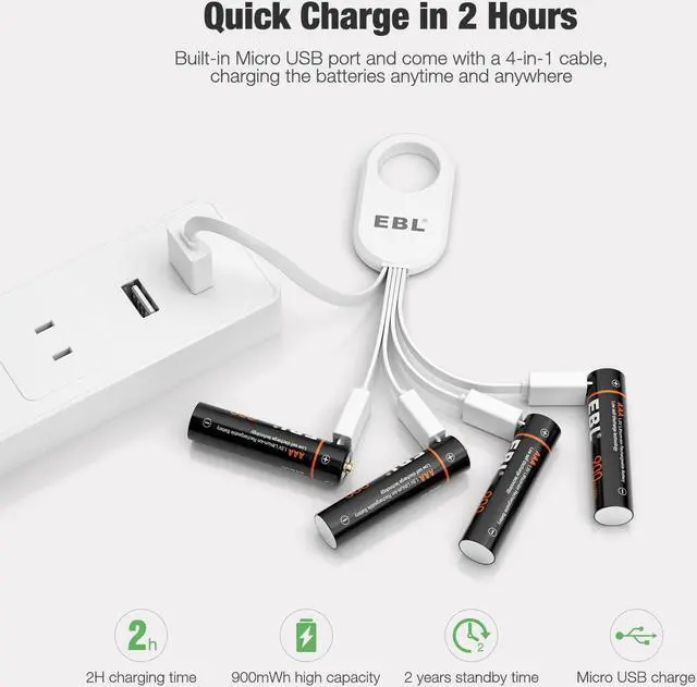 Alt view image 4 of 7 - EBL 4 Pcs USB Rechargeable Lithium ion AAA Batteries - 1.5V Long Lasting Rechargeable Triple A Battery Quick Charge in 2H