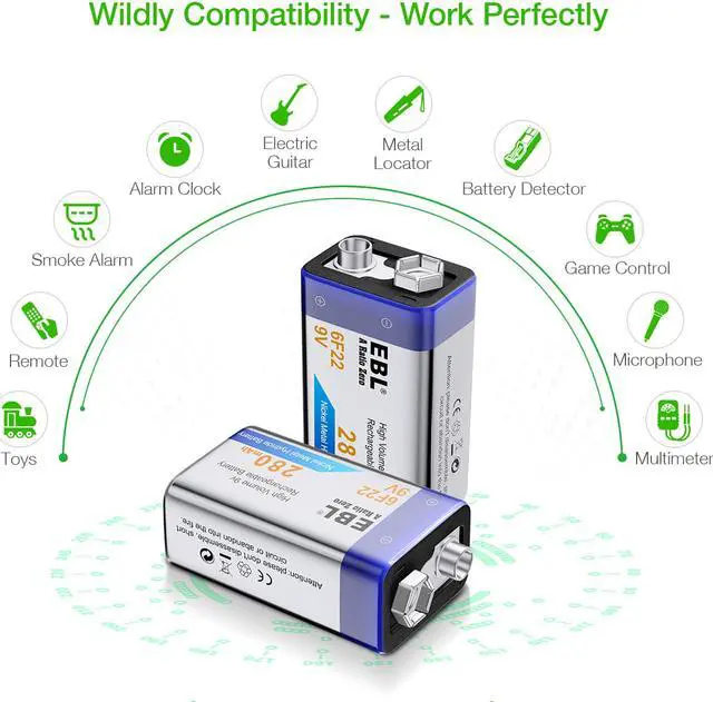 Alt view image 2 of 7 - EBL 2pcs 280mAh Ni-MH Rechargeable 9V Batteries for Toys, Game Control, Microphone + EBL Charger for Li-ion/Ni-MH/Ni-CD Battery