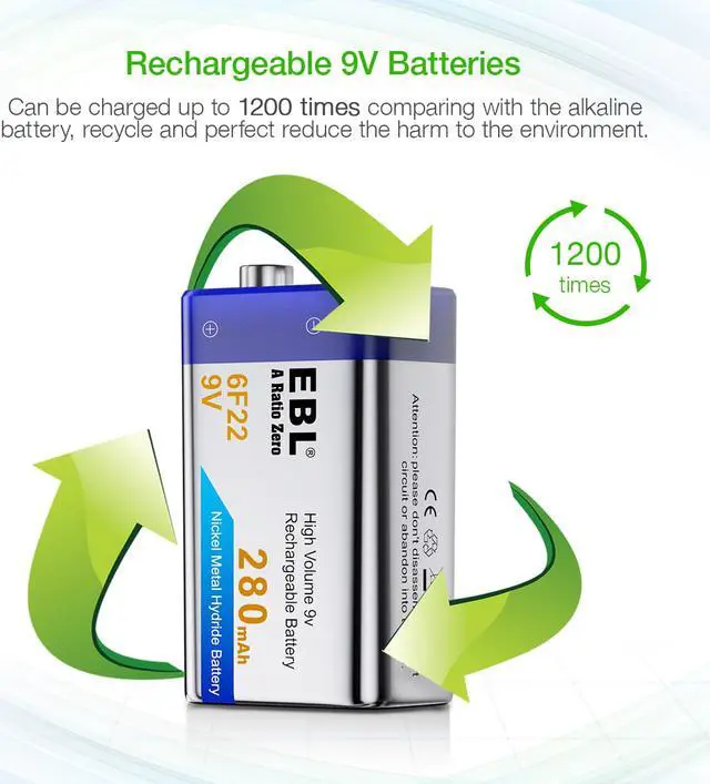 Alt view image 5 of 7 - EBL 2pcs 280mAh Ni-MH Rechargeable 9V Batteries for Toys, Game Control, Microphone + EBL Charger for Li-ion/Ni-MH/Ni-CD Battery