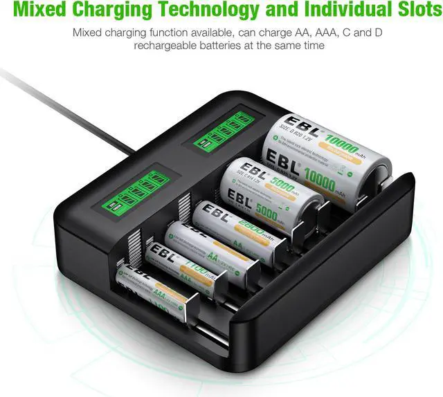 Alt view image 5 of 7 - EBL LCD Universal Battery Charger for Rechargeable Batteries Ni-MH AA/ AAA/C/D Batteries with 2A USB Port, Type C Input, Fast AA AAA Battery Charger