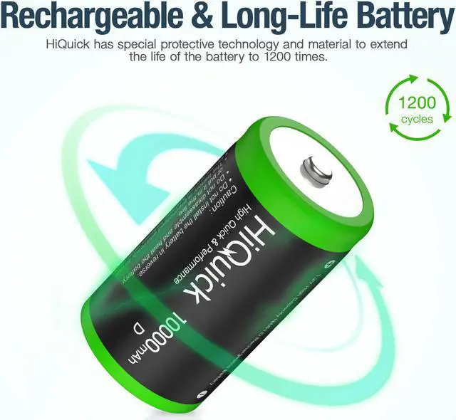 Alt view image 6 of 7 - HiQuick 2 Pack 10000mAh D Rechargeable Batteries, Huge Capacity Size D Battery, Ni-MH D Cell Batteries