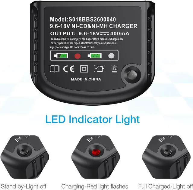Alt view image 5 of 7 - 12V 14.4V 18V Replacement Battery Charger for Black & Decker 9.6V-18V Ni-Cad & NiMh Slide-in Style Batteries HPB18 HPB18-OPE HPB14 HPB12 HPB96 A1718 A18 A18E FSB18 244760-00