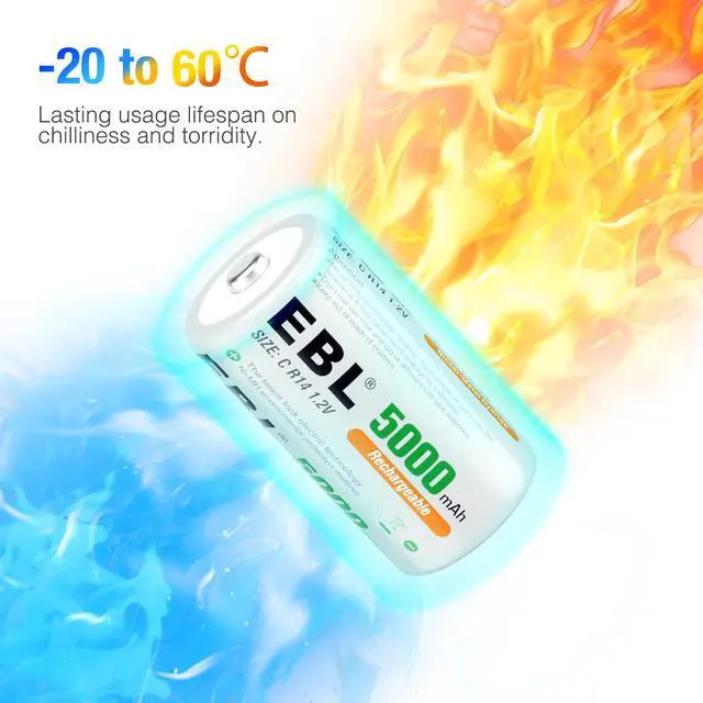 Alt view image 5 of 7 - EBL 6 Pack C Size R14 Battery 5000mAh 1.2V Ni-MH Rechargeable Batteries + LCD Battery Charger for AA AAA 9V C D Battery