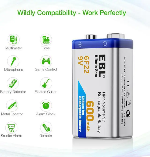 Alt view image 3 of 7 - EBL 6F22 9V 600mAh Lithium-ion Batteries 9 Volt Rechargeable Battery for Electric Guitar, Smoke Alarm and More ( 6-pack )