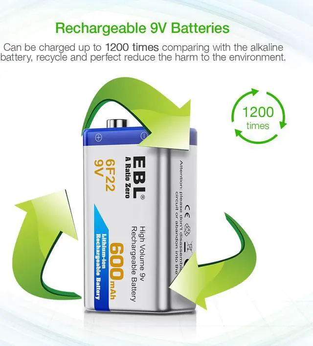 Alt view image 5 of 7 - EBL 6F22 9V 600mAh Lithium-ion Batteries 9 Volt Rechargeable Battery for Electric Guitar, Smoke Alarm and More ( 6-pack )