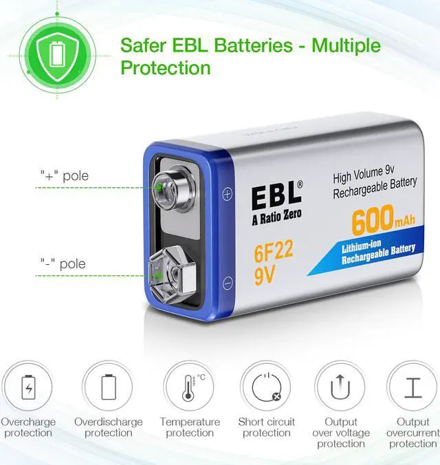 Alt view image 6 of 7 - EBL 6F22 9V 600mAh Lithium-ion Batteries 9 Volt Rechargeable Battery for Electric Guitar, Smoke Alarm and More ( 6-pack )