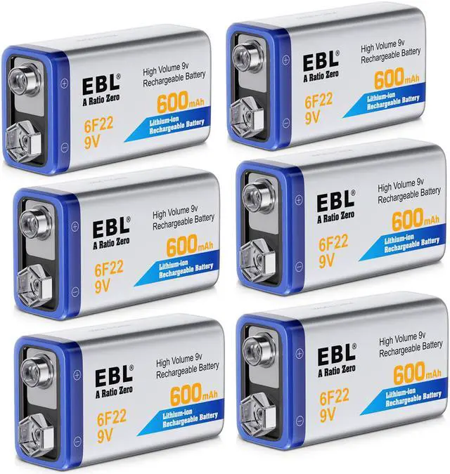 Alt view image 2 of 7 - EBL 6F22 9V 600mAh Lithium-ion Batteries 9 Volt Rechargeable Battery for Electric Guitar, Smoke Alarm and More ( 6-pack )