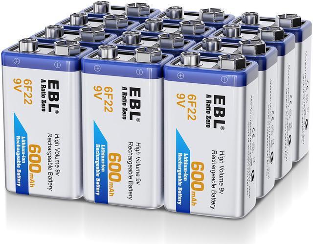 EBL 6F22 9V 600mAh Rechargeable Batteries 9 Volt Li-ion Battery for Hand  Held Game, 2-Way Radios Devices (12 Pack) 