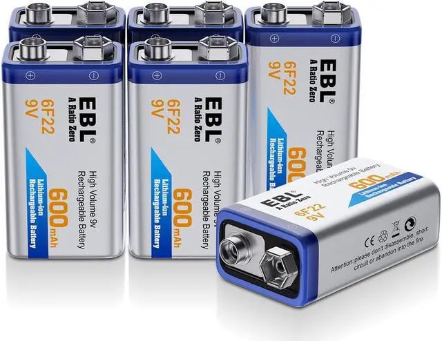 Main image of EBL 6F22 9V 600mAh Lithium-ion Batteries 9 Volt Rechargeable Battery for Electric Guitar, Smoke Alarm and More ( 6-pack )