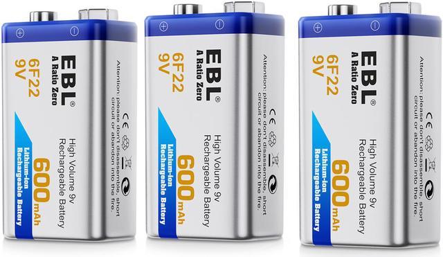 EBL 3 Pack 6F22 9V 600mAh Lithium-ion Rechargeable Batteries for Portable  Audio Players, Microphone and More