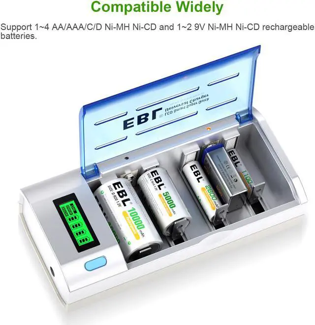 Alt view image 2 of 7 - EBL 906 LCD Battery Charger for AA AAA C D 9V Ni-MH Ni-CD Rechargeable Batteries with LCD Display and Discharge Functions