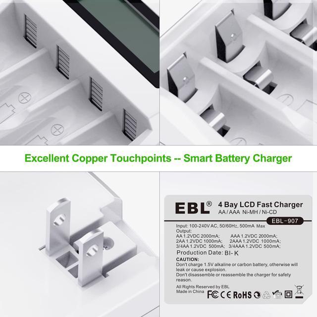 Alt view image 6 of 7 - EBL 20pcs AAA  500mAh 1.2V Battery for keyboards + LCD Smart Individual 907 Battery Charger for AA AAA Ni-MH Ni-CD Rechargeable Batteries