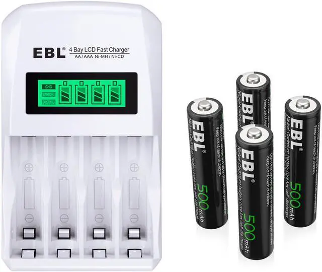 Main image of EBL 4 Pack 500mAh Rechargeable AAA Batteries + LCD Smart Individual Battery Charger for AA AAA Ni-MH Ni-CD Batteries