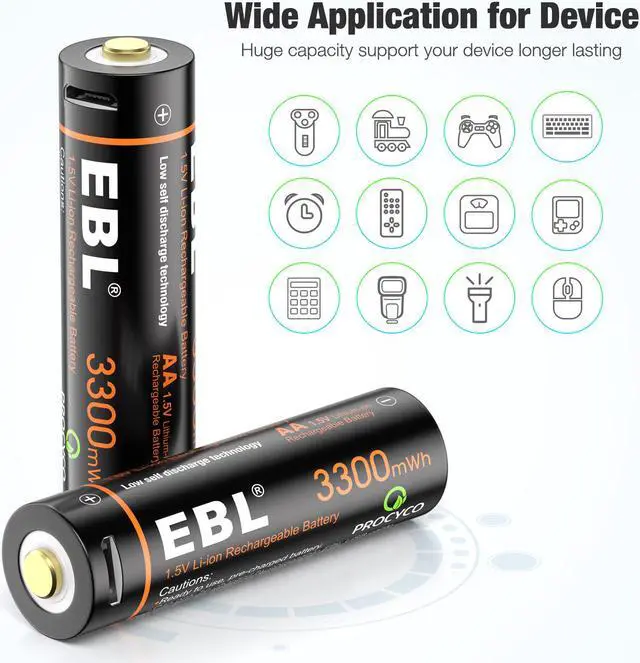 Alt view image 2 of 7 - EBL 8 Pack 3300mWh 1.5V USB Lithium Rechargeable Batteries AA Li-Ion Battery with Micro USB Cable