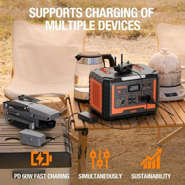 Alt view image 6 of 7 - EBL Portable Power Station Voyager 1000, 110V/1000W Solar Generator, 999Wh/270000mAh High Lithium Battery, with 2 x AC Outlets, 3 x QC3.0 USB, and PD60W port for Outdoor Camping, Home Emergency, RV/Va