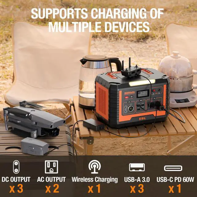 Alt view image 7 of 7 - EBL Portable Power Station Voyager 1000, 110V/1000W Solar Generator, 999Wh/270000mAh High Lithium Battery, with 2 x AC Outlets, 3 x QC3.0 USB, and PD60W port for Outdoor Camping, Home Emergency, RV/Va