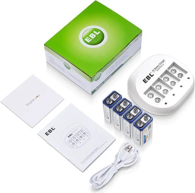 Alt view image 7 of 7 - EBL 4 Pack 600mAh 9V Li-Ion Rechargeable Batteries + Battery Charger