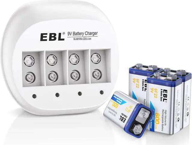 Alt view image 3 of 7 - EBL 4 Pack 600mAh 9V Li-Ion Rechargeable Batteries + Battery Charger