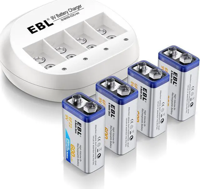 Main image of EBL 4 Pack 600mAh 9V Li-Ion Rechargeable Batteries + Battery Charger