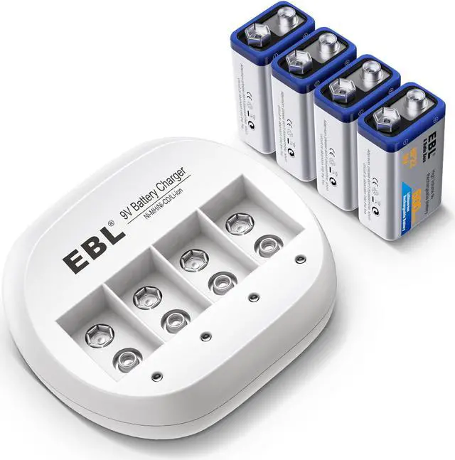 Alt view image 2 of 7 - EBL 4 Pack 600mAh 9V Li-Ion Rechargeable Batteries + Battery Charger