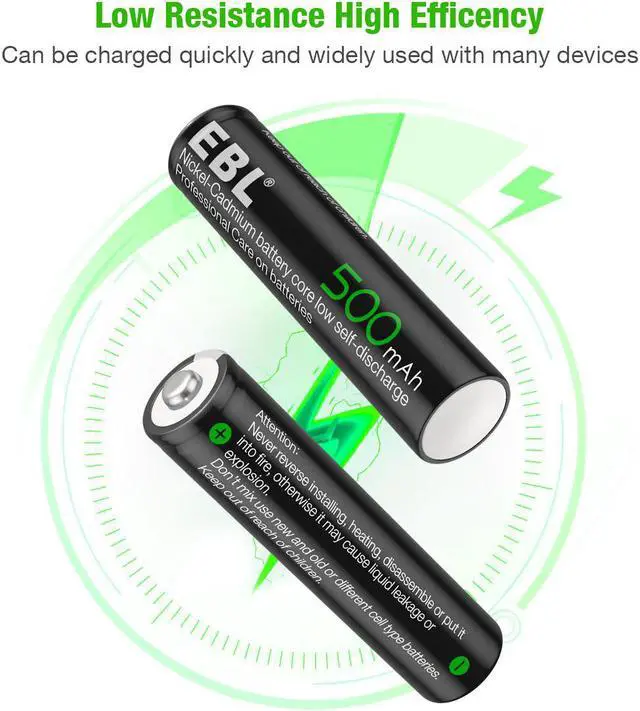 Alt view image 3 of 7 - EBL 4 Pack 500mAh AAA Rechargeable Batteries + 807 Smart Charger for AA AAA Ni-MH Ni-CD Batteries