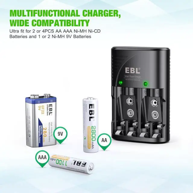Alt view image 3 of 7 - EBL Rechargeable AAA Batteries 1100mAh (4-Pack)+ Battery Charger for 9V Ni-MH Ni-CD AAA AA Batteries