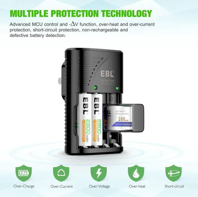 Alt view image 3 of 7 - EBL 4Pcs Rechargeable AA Batteries, 2800mAh Double A Batteries + Battery Charger for AA AAA 9V Ni-MH Ni-CD Batteries