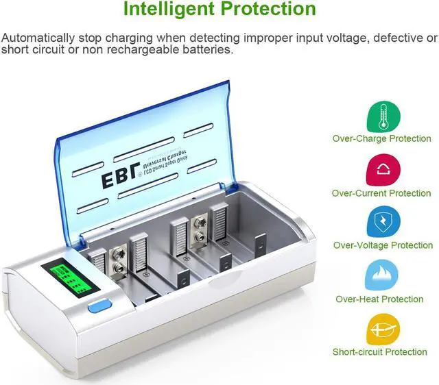 Alt view image 7 of 7 - EBL 4-Pack AA Rechargeable Batteries 2300mAh Double A Batteries + LCD Battery Charger for AA AAA 9V C D Ni-CD Ni-MH Batteries