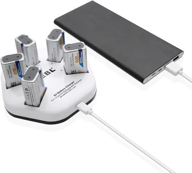 Alt view image 4 of 7 - EBL 5 Pack 9V Rechargeable Batteries 600mAh Lithium ion Batteries with 5 Bay Battery Charger for Smoke Alarm Detectors