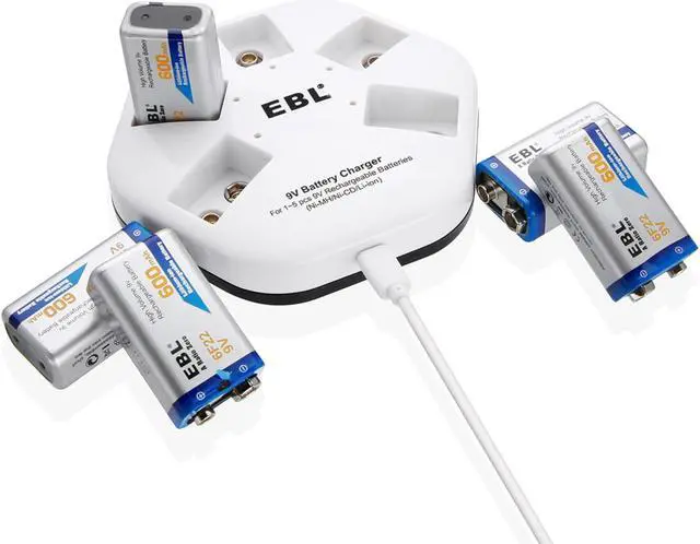 Alt view image 2 of 7 - EBL 5 Pack 9V Rechargeable Batteries 600mAh Lithium ion Batteries with 5 Bay Battery Charger for Smoke Alarm Detectors