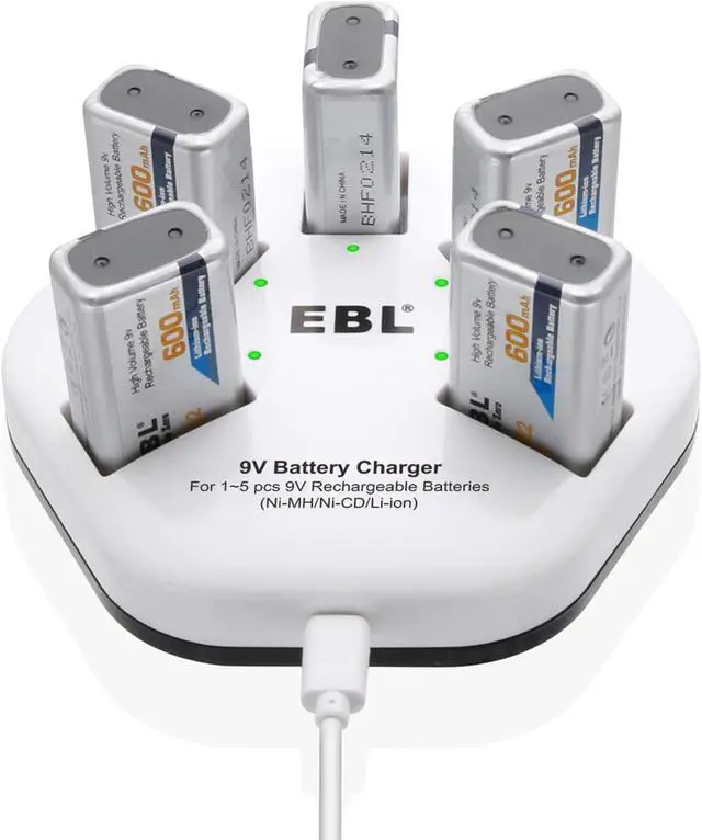 Main image of EBL 5 Pack 9V Rechargeable Batteries 600mAh Lithium ion Batteries with 5 Bay Battery Charger for Smoke Alarm Detectors