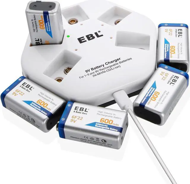Alt view image 3 of 7 - EBL 5 Pack 9V Rechargeable Batteries 600mAh Lithium ion Batteries with 5 Bay Battery Charger for Smoke Alarm Detectors