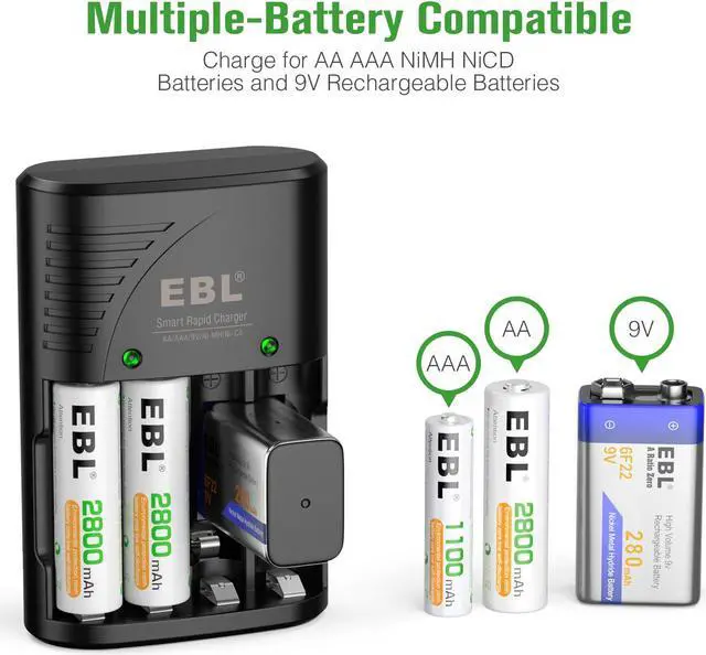 Alt view image 5 of 7 - EBL AA AAA Battery Charger with AA Rechargeable Batteries 4 Pack, Precharge Double A Battery 2800mAh with Smart Battery Charger for AA AAA NiMH and 9V Batteries