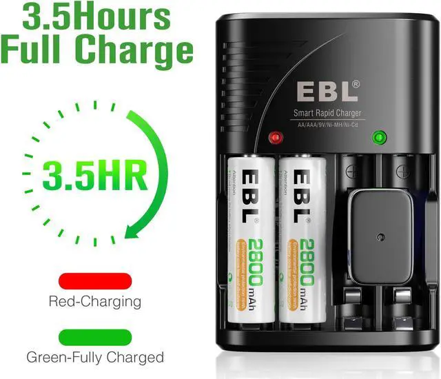 Alt view image 2 of 7 - EBL AA AAA Battery Charger with AA Rechargeable Batteries 4 Pack, Precharge Double A Battery 2800mAh with Smart Battery Charger for AA AAA NiMH and 9V Batteries