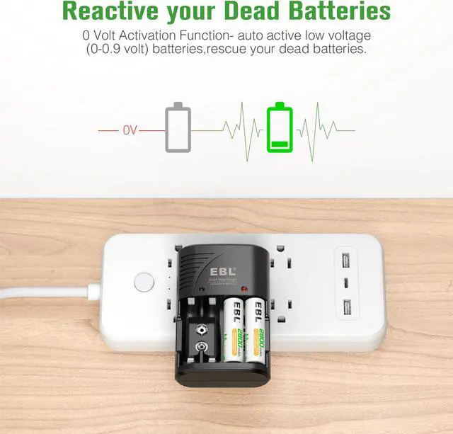 Alt view image 6 of 7 - EBL AA AAA Battery Charger with AA Rechargeable Batteries 4 Pack, Precharge Double A Battery 2800mAh with Smart Battery Charger for AA AAA NiMH and 9V Batteries
