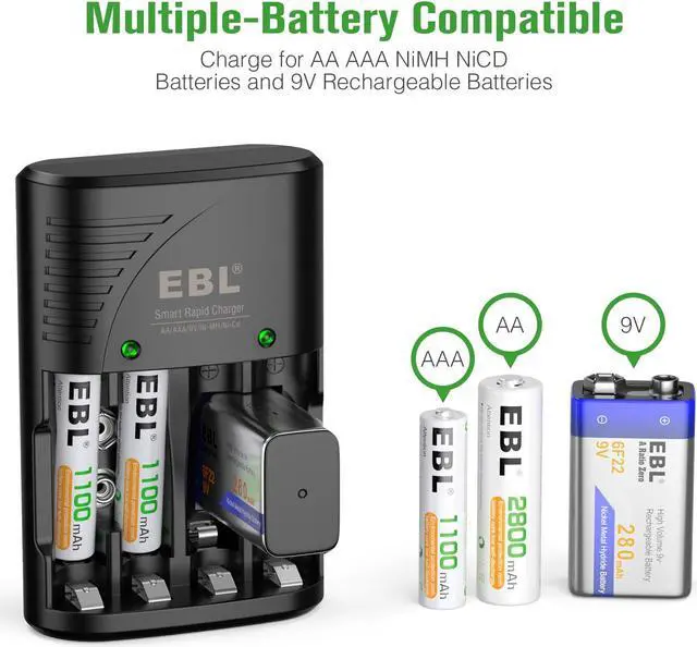 Alt view image 4 of 7 - EBL AAA Rechargeable Batteries 1100mAh 4-Pack + Smart Battery Charger with AC Wall Plug for AA AAA 9V Ni-MH Ni-CD Rechargeable Batteries