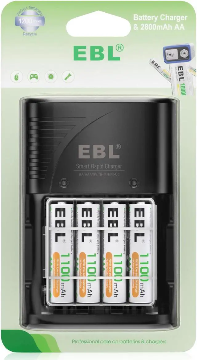 Alt view image 2 of 7 - EBL AAA Rechargeable Batteries 1100mAh 4-Pack + Smart Battery Charger with AC Wall Plug for AA AAA 9V Ni-MH Ni-CD Rechargeable Batteries