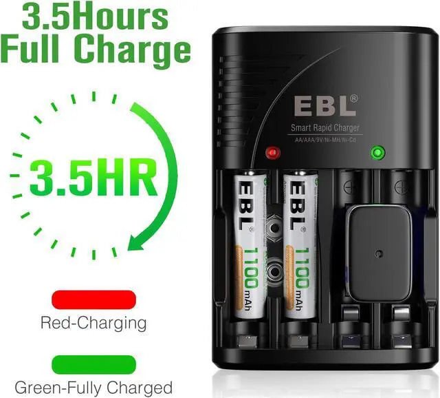 Alt view image 3 of 7 - EBL AAA Rechargeable Batteries 1100mAh 4-Pack + Smart Battery Charger with AC Wall Plug for AA AAA 9V Ni-MH Ni-CD Rechargeable Batteries