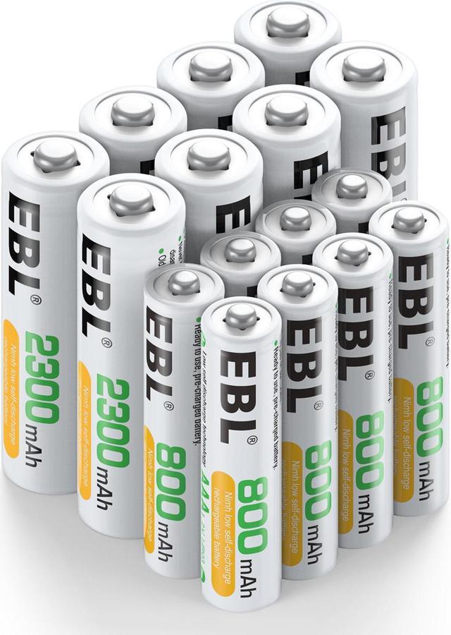 Main image of EBL AA AAA Rechargeable Batteries Combo Pack of 16, 8 PCS AA 2300mAh & 8-Pack AAA 800mAh Ni-MH Rechargeable Batteries with 2 Pcs Battery Case Organizer