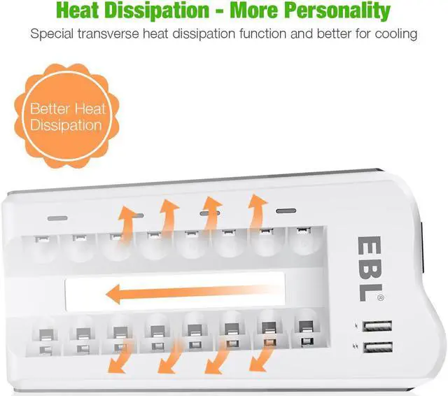 Alt view image 5 of 7 - EBL 16Pcs 2300mAh Rechargeable AA Batteries + 8 Bay Battery Charger for Ni-MH AA AAA Batteries with 2 USB Charging Ports