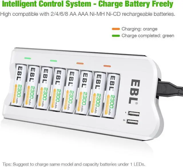 Alt view image 4 of 7 - EBL 16Pcs 2300mAh Rechargeable AA Batteries + 8 Bay Battery Charger for Ni-MH AA AAA Batteries with 2 USB Charging Ports