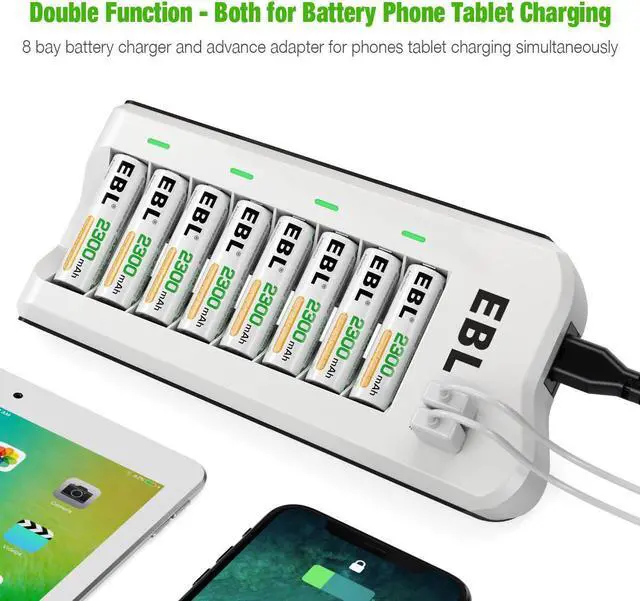 Alt view image 2 of 7 - EBL 16Pcs 2300mAh Rechargeable AA Batteries + 8 Bay Battery Charger for Ni-MH AA AAA Batteries with 2 USB Charging Ports