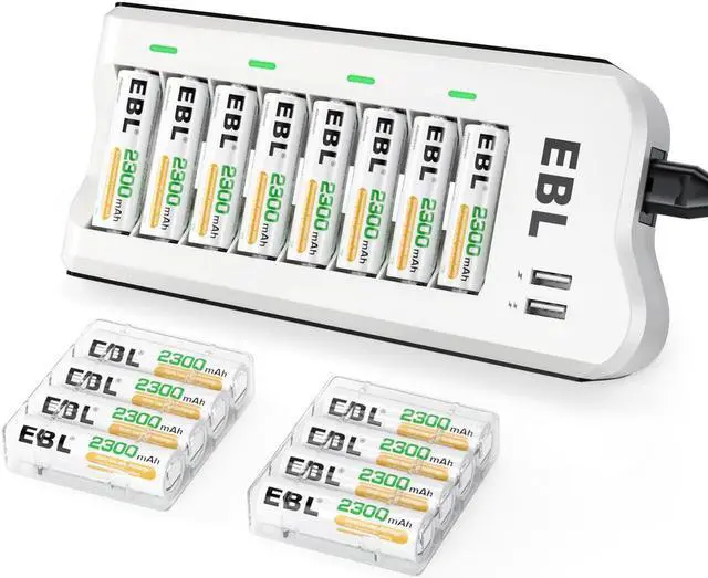 Main image of EBL 16Pcs 2300mAh Rechargeable AA Batteries + 8 Bay Battery Charger for Ni-MH AA AAA Batteries with 2 USB Charging Ports