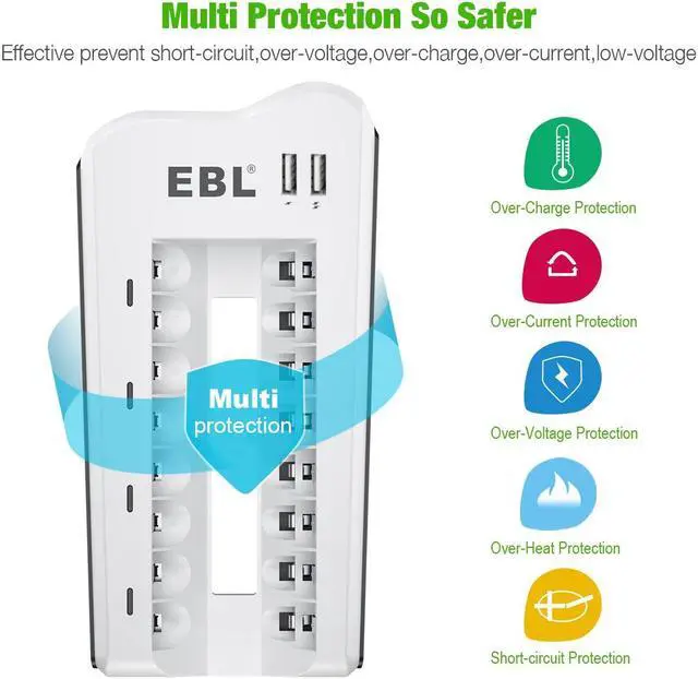 Alt view image 7 of 7 - EBL 16Pcs 2300mAh Rechargeable AA Batteries + 8 Bay Battery Charger for Ni-MH AA AAA Batteries with 2 USB Charging Ports