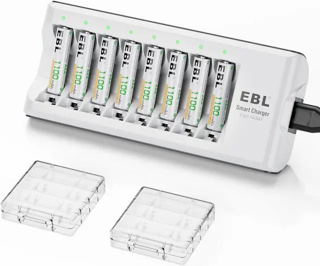 Main image of EBL 8-Pack 1100mAh Rechargeable AAA Batteries + 8 Bay Battery Charger for AA/AAA Ni-MH Ni-CD Batteries